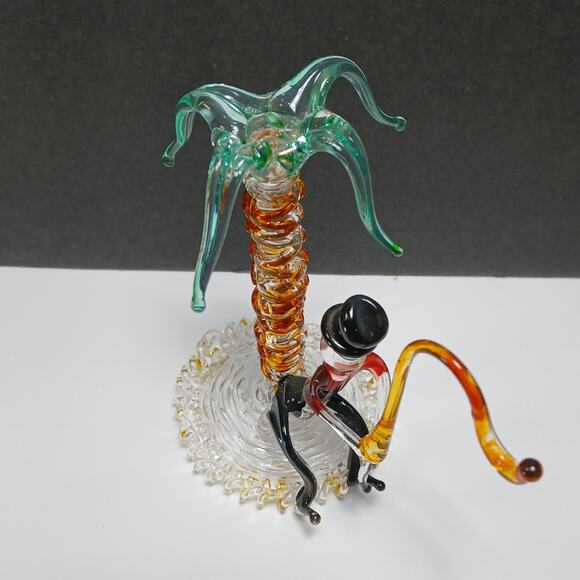 Hand Blown Spun Art Glass Man Fishing Under Palm Tree Figurine - Picture 7 of 11